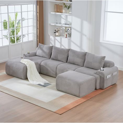 Sofá modular de 4 plazas en pana, con 2 pufs, portavasos, gris claro HAVRYA (1/5)