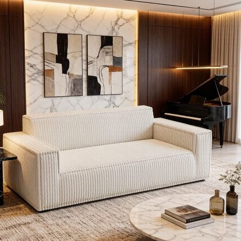 Divano 2 posti a seduta profonda in velluto a coste, 178 x 86 x 70 cm, bianco panna OKMYHOME (1/5)