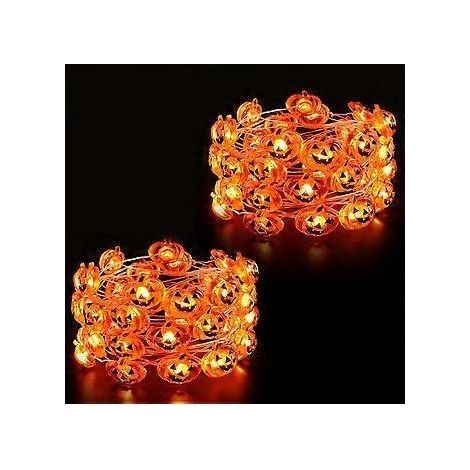 Guirlande lumineuse citrouille d'Halloween SZTXJ, lot de 2 guirlandes de 4,5 m (14,7 pieds) avec 30 LED, étanches, à piles, orange, pour intérieur/extérieur, mariage, chambre. (1/5)