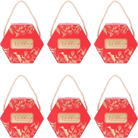 Lot de 10 boîtes à bonbons hexagonales en forme de sachet, avec cordon, pour cadeaux de mariage (rouge). (1/5)