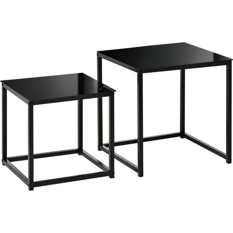 Ensemble de deux tables basses carrées au style moderne, équipées de plateaux en verre trempé résistant, coloris noir élégant, meuble design solide pour votre salon (1/5)