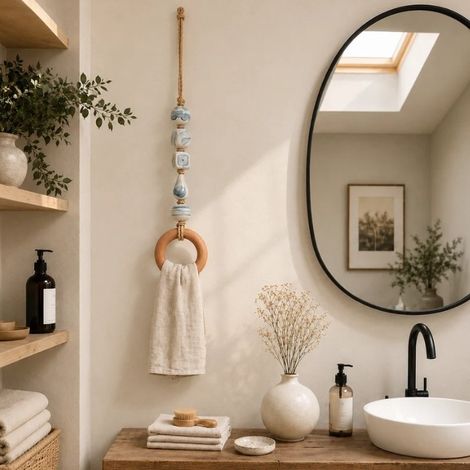 Porte-serviettes décoratif à perles avec anneau en bois - Brume côtière