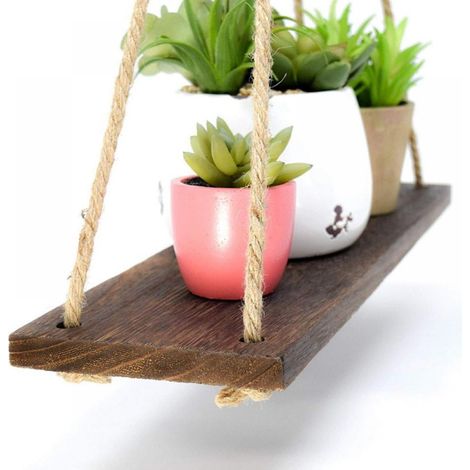 Etagere Suspendue - Etagere Bois - Pour Fenêtre Mur ou Terrasse - 3 Formats Disponibles - 1 Plateau Bois + 2 Cordes en Jute + 2 Crochets Sans Trace (1/5)