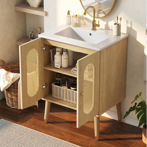 Badezimmermöbel mit Waschtisch 61 cm aus MDF und Keramik, Holzoptik HAVRYA (1/5)