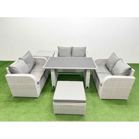 Fimous 7 Seater Patio Garden Furniture Sets with Black Glass Top Dining Table Love Sofa Side Table Big Stool Light Grey (1/4)