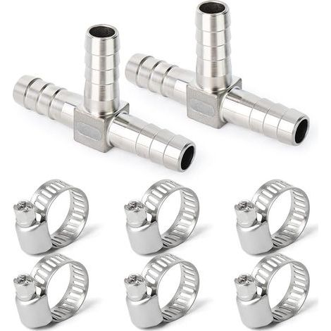 2 pièces 8mm en Acier Inoxydable Tuyau té barbelé, 3 Voies en Forme de T SUS 304 raccord de Tuyau avec 6 pièces Pinces (1/5)