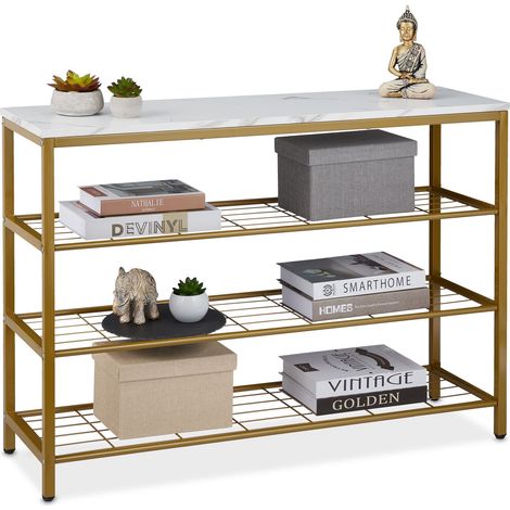 Relaxdays Console Table, 4 Shelves, Marble Optic, H x W x D: 70 x 101 x 30 cm, Metal & MDF, Gold/White (1/5)