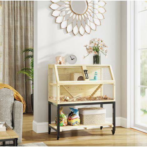 Jaula de madera para roedores, 87 x 43 x 101 cm, de dos niveles, con ruedas y accesorios OKMYHOME (1/5)