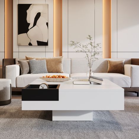 Table basse, table de salon laquée brillante, table d'appoint avec coffre de rangement amovible, color block blanc et noir, 72 x 72 x 30 cm, avec éclairage LED.