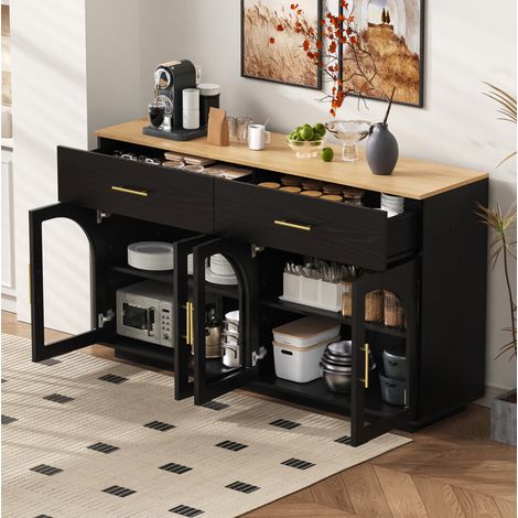 MODFU – Buffet cuisine 58x15,7x33,9 cm MDF – Portes arquées transparentes et plateau bois – 2 tiroirs et charge 40 kg – Cuisine – Noir/bois (1/5)