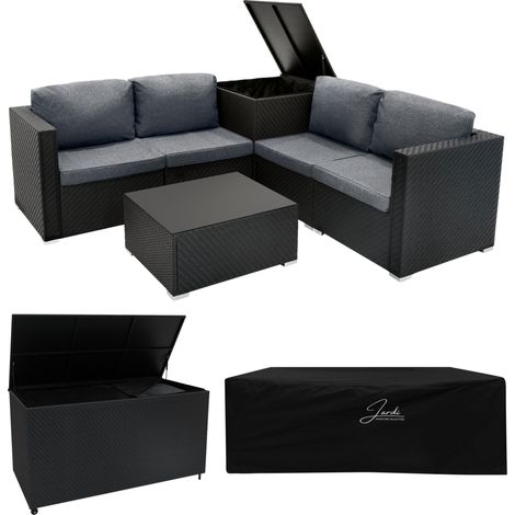 Rattan Gartenmöbel 6-teiliges Set Schwarz Sofa Tisch mit 2 Aufbewahrungsboxen