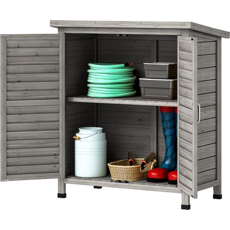 Gartengeräteschrank mit Beinen, Regalböden, Lüftungstüren, Bitumendach, graues Tannenholz, 87 x 46,5 x 96,5 cm