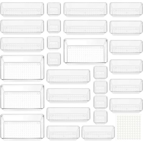 Lot de 28 Organisateurs de Tiroir - Rangement Coiffeuse en Plastique Transparent avec 4 Tailles, Rangement Tiroir pour Salle de Bain, Coiffeuse, Bureau, Cuisine, Outils et Maquillage (1/5)