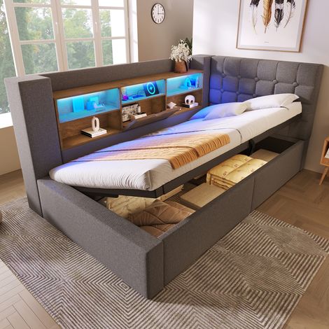 Lit simple 90x190 cm avec coffre de rangement hydraulique, éclairage LED et ports USB, tête de lit réversible avec étagères, tissu lin gris (1/5)