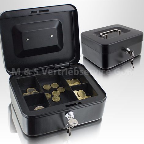 Geldkassette 20 cm klein abschließbar Münz Geld Zählbrett Kasse Safe schwarz 200mm (mit Münzeinlage) (1/3)