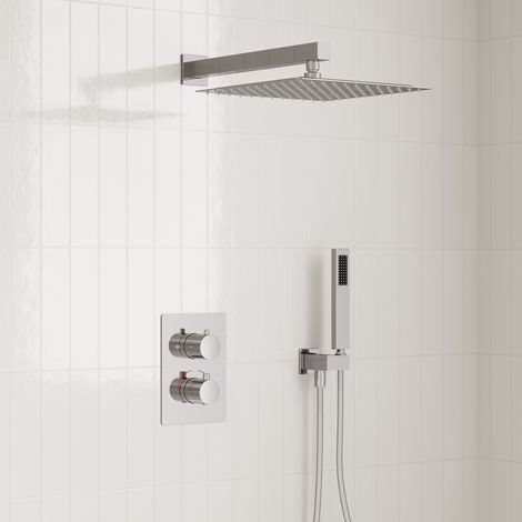 EVERSTEIN Duschsystem Chrom Regendusche Thermostat 38 Grad Unterputz 2 Funktionen 12 Zoll Kopfbrause Handbrause Messingkörper 40 cm Duscharm G1/2 150 cm Brauseschlauch Badezimmer (1/5)