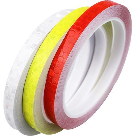 BUNTHAUS CSPARKV 3 Rouleaux 1cm×8m Ruban Autocollant Fluorescent, Ruban Réfléchissant,Bande Reflechissante,Autocollants Réfléchissants Stickers,pour Vélo,casques,Moto(Rouge, Jaune, Blanc)