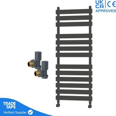 Designer Marvella Anthracite Flat Panel Towel Radiator Heated Ladder Rail - 1300 x 500mm - Angled Manual Round Valve Pair (1/3)