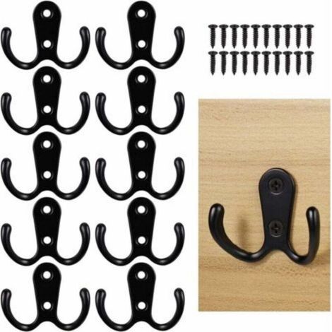 Set mit 10 Kleiderhaken, schwarze Wandgarderobenhaken, Doppelgarderobenhaken mit Befestigungsschrauben, Kleider-/Handtuchhaken