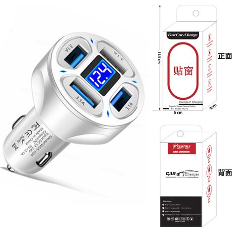 3.1A 4-in-1 Car Charger with Digital Display, 4 Ports, Voltage Support, One-to-Four Multi-Port Car Charger -- 3.1A-4USB Digital Display Standard Charger, White + Small White Box (1/3)