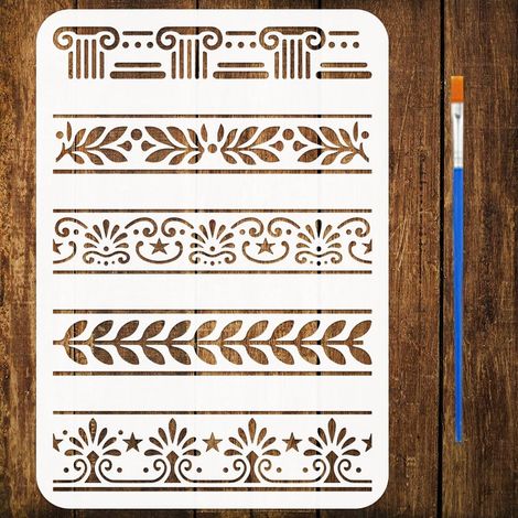 Pochoir de Peinture de Motif Grec avec Pinceau, 29,7x21cm 5 Styles Pochoir de Bordure Florale Pochoirs de Bordure Vintage pour Peinture sur Bois Mur Sol Tissu Meuble Décoration Maison (1/5)