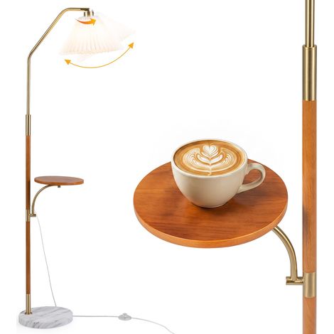 COSTWAY Lampadaire sur Pied 159,5cm, Tablette en Bois, Abat-Jour Orientable (1/5)