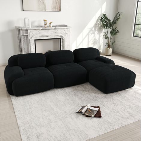 Divano angolare modulare 298x178x70 cm, seduta ergonomica, senza montaggio, tessuto in velluto a coste nero (1/5)