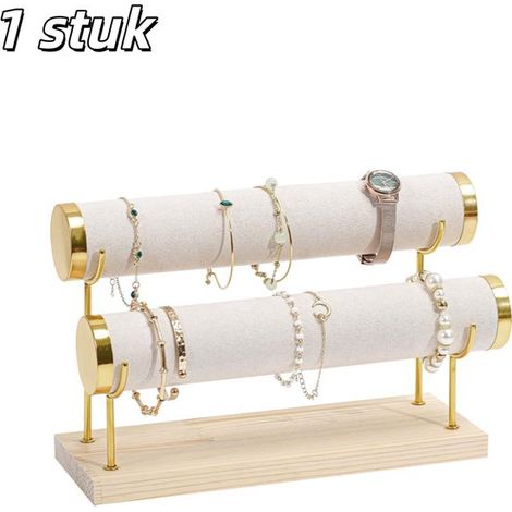 stuk - Sieradenrek - Dubbele laag - Houten voet - Plank - Opbergrek - Displayrek voor sieraden, armbanden en horloges - Geschikt voor het opbergen van armbanden, haarelastiekjes, kettingen en andere s (1/5)