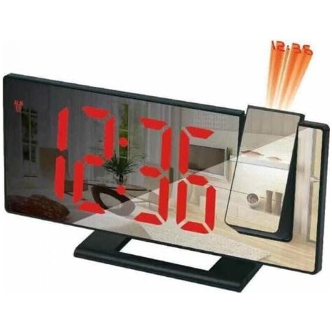 (boîtier noir avec texte rouge) Réveil projecteur, réveil à projection 180°, horloge numérique avec écran miroir LED, port USB, répétition, 4 niveaux de luminosité, 12/24 heures (1/5)