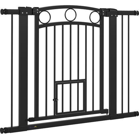 Barrière pour animaux, 77 cm barrière d'escalier, largeur réglable 76-104 cm, avec porte pour chat, pour escaliers et portes, noir (1/5)