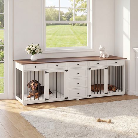 Cage pour chien meuble TV, niche intérieure en panneaux de bois et métal, chenil avec serrures, pour 2 petits ou moyens chiens, noyer et blanc, 200x60x85 cm (1/5)