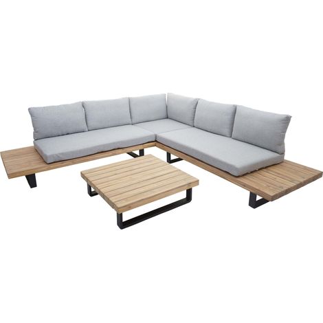 Garten-Garnitur HHG-641, Garnitur Sitzgruppe Lounge-Set, Spun Poly Akazie Holz MVG Alu hellbraun, Polster hellgrau