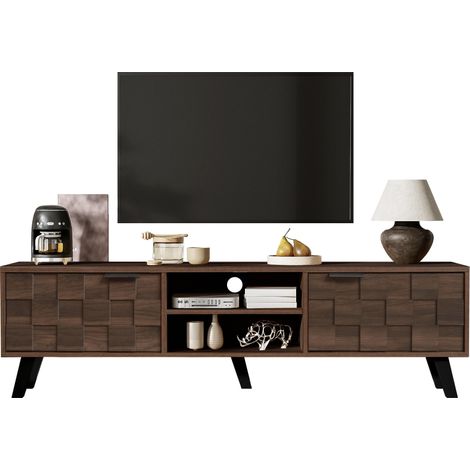 Meuble TV moderne à 2 portes et 2 compartiments ouverts, finition bois foncé – 160,5 x 35,5 x 45 cm (1/5)