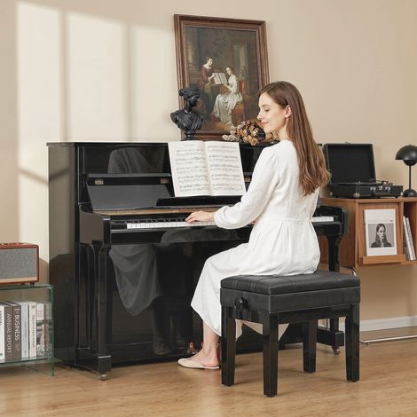 HOMCOM Banquette Tabouret pour Piano - Hauteur Réglable, Coffre Intégré, Bois d'Hévéa, Revêtement Synthétique, Noir