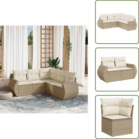 5-tlg. Garten-Sofagarnitur mit Kissen Beige Poly Rattan - Gartensortiment - Gartenmöbelset - Lounge Set - Outdoor Furniture - Rattan Gartenmöbel (1/5)