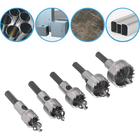 Set aus 5 HSS-Bohrern, darunter eine Lochsäge, eine Reibahle und ein Diamantbohrer für Gipskarton, Kunststoff, Blech, Metalle und Holzbearbeitung, Durchmesser von 16 bis 30 mm. (1/5)