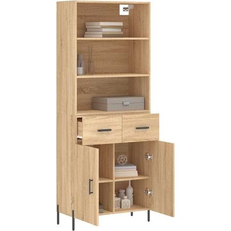Buffet Haut de Rangement 69,5 x 34 x 180 cm en Bois d'Ingénierie Effet Chêne Sonoma, Meuble de Cuisine ou Salle de Bain avec Étagères Ajustables (1/5)