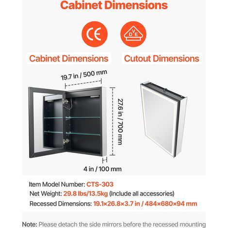 Armoire Murale Salle de Bain Encastrée 50x70 cm, Armoire de Toilette avec Miroir et LED 3 Couleurs à Intensité Variable, avec Fonct… (1/5)