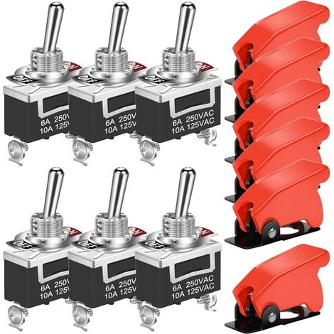 6 Interrupteur à bascule, Métal et Plastique, SPST 2 broches, 12V-230V, Avec couvercle de sécurité rouge, Pour panneau de contrôle (1/5)