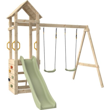 Aire de jeux PLAQUEMINIER avec toit - plateforme - échelle - mur d'escalade - 2 balançoires - toboggan h240 cm