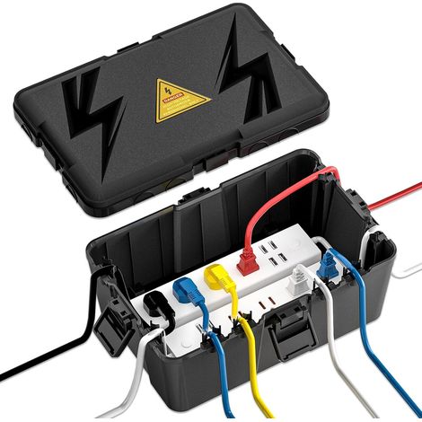 Grande boîte électrique d'extérieur étanche (32 x 21,8 x 13 cm) Cache rallonge étanche IP54 avec 8 joints de câble d'entrée, multiprise, prise de sortie minuterie, lumière de vacances, noir (1/5)