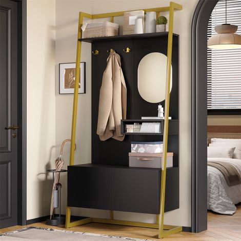 Moderne Garderobe 78 x 38 x 180 cm – Multifunktionaler Kleiderständer mit Spiegel, Metallhaken und Aufbewahrungsbank – Schwarz (1/5)