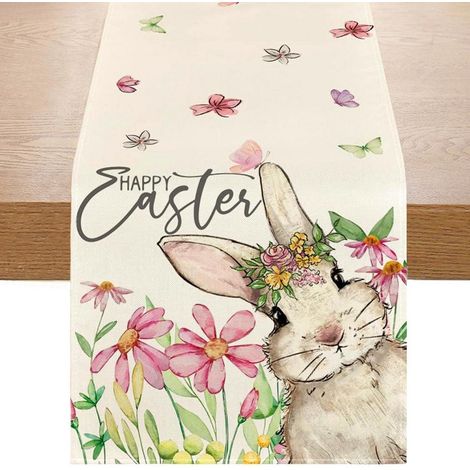 Chemin de table de Pâques motif lapin 33x180 cm, lavable, déco printemps