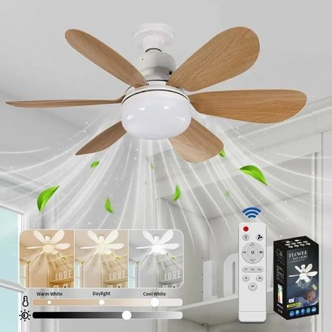 Ventilateur plafond silencieux 40W, lampe E27 6 pales 3 vitesses, salon chambre, grain bois (1/5)