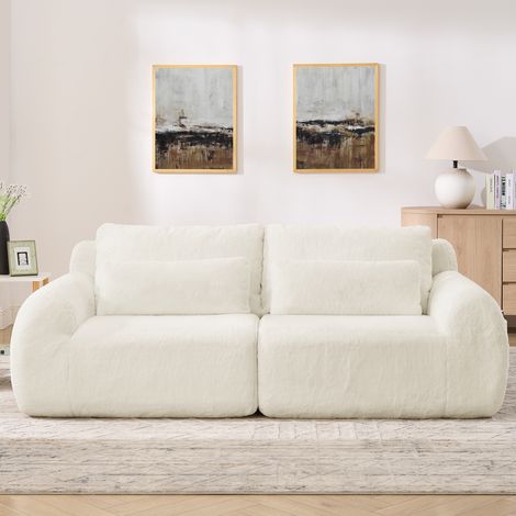 Canapé 2 Places Beige, Canapé loveseat, Tissu Doux Effet Fourrure de Lapin, Dossier Haut, USB et Pochette Latérale