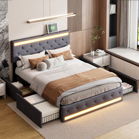 Lit coffre avec 4 Tiroirs, Lit Double 180x200 cm avec sommier, tête de lit avec LED et USB, cadre en métal, Lin Gris, Chambre Adulte (1/5)