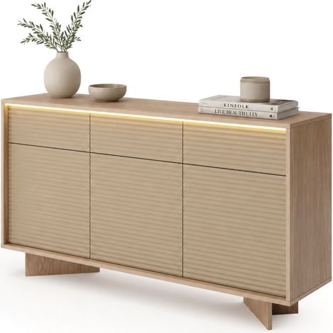 Sideboard Hatareta, Anrichte 3 Schubladen, 3 Regale, Klapptür, Schiebetür, 154x40x84h cm, Braun Eiche