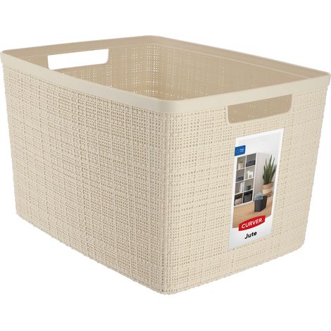 Elegante cesta grande de yute con acabado en plástico beige (1/5)
