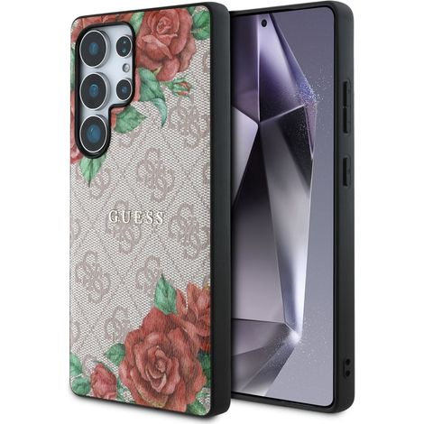 Funda Guess de cuero 4G con estampado floral y logotipo clásico metálico MagSafe para Samsung Galaxy S25 Ultra (rosa) (1/5)