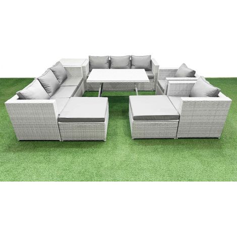 Fimous 10 Seater Garden Furniture Set PE Ratten Garden Sofa Set with Rectangular Dining Table 2 Big Stool Side Table Light Grey (1/4)